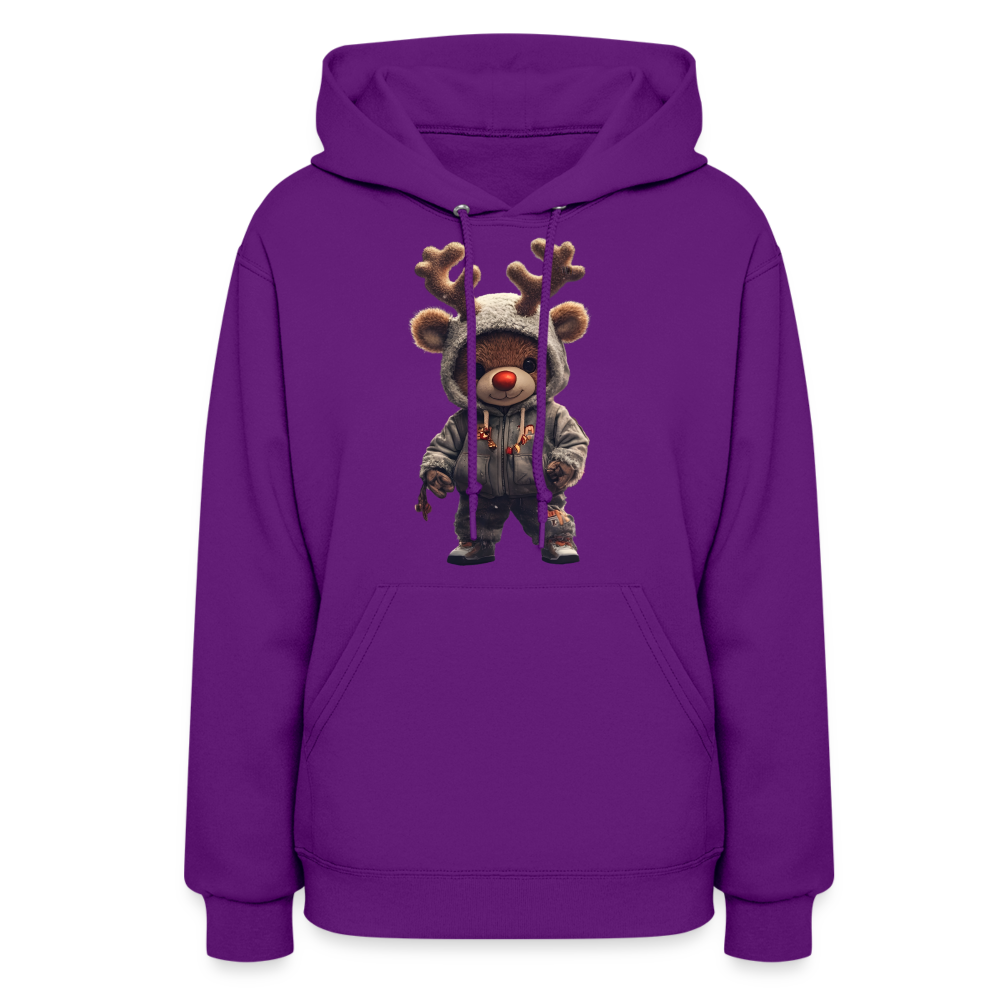 Gangster Hooded Christmas Red Nose Teddy Bear With Antlers (Design I) Women's Hoodie - purple