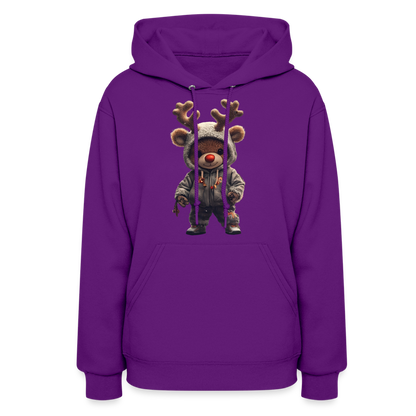 Gangster Hooded Christmas Red Nose Teddy Bear With Antlers (Design I) Women's Hoodie - purple