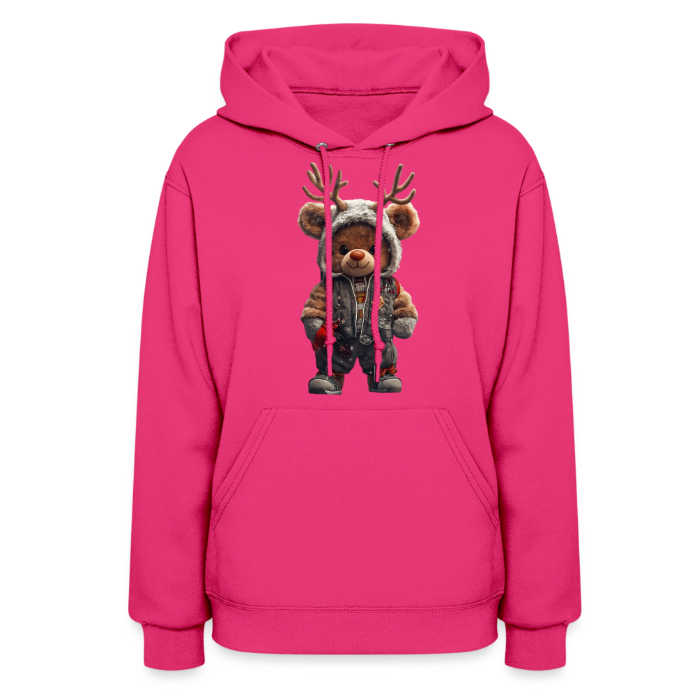 Gangster Hooded Christmas Red Nose Teddy Bear With Antlers (Design G) Women's Hoodie - fuchsia
