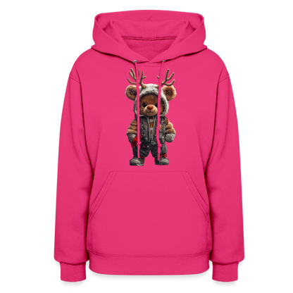 Gangster Hooded Christmas Red Nose Teddy Bear With Antlers (Design G) Women's Hoodie - fuchsia