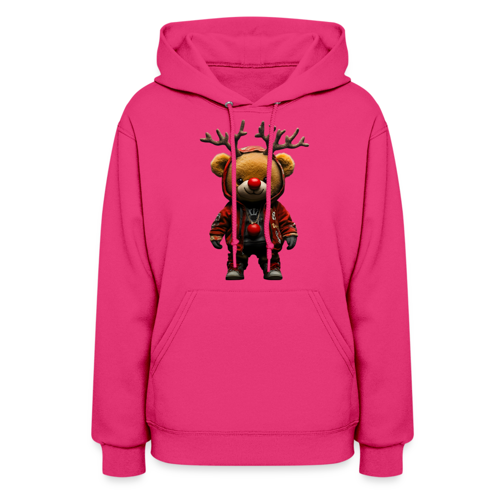 Gangster Christmas Red Nose Teddy Bear With Antlers (Design F) Women's Hoodie - fuchsia