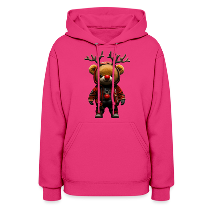 Gangster Christmas Red Nose Teddy Bear With Antlers (Design F) Women's Hoodie - fuchsia