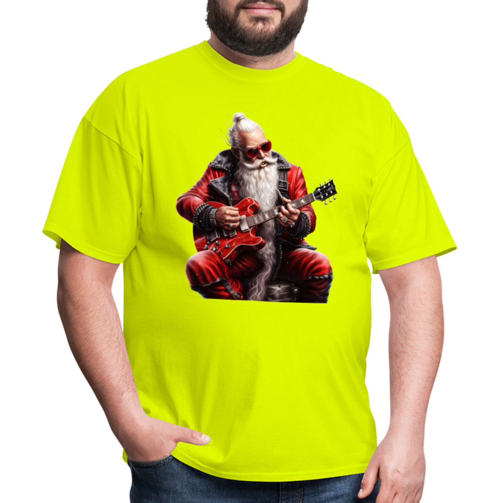 Santa Claus Hair Bun Playing Guitar Unisex Classic T-Shirt - safety green