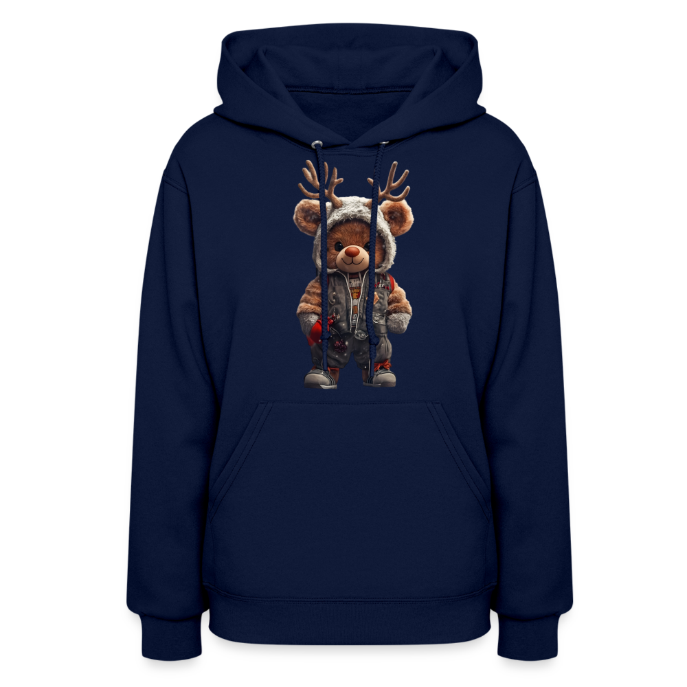 Gangster Hooded Christmas Red Nose Teddy Bear With Antlers (Design G) Women's Hoodie - navy