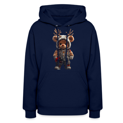 Gangster Hooded Christmas Red Nose Teddy Bear With Antlers (Design G) Women's Hoodie - navy