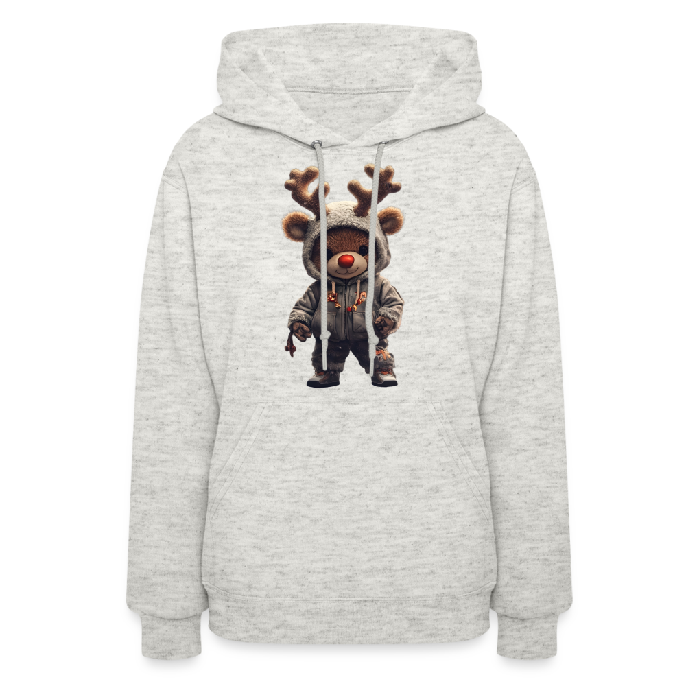 Gangster Hooded Christmas Red Nose Teddy Bear With Antlers (Design I) Women's Hoodie - heather oatmeal
