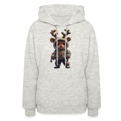 Gangster Hooded Christmas Red Nose Teddy Bear With Antlers (Design I) Women's Hoodie - heather oatmeal