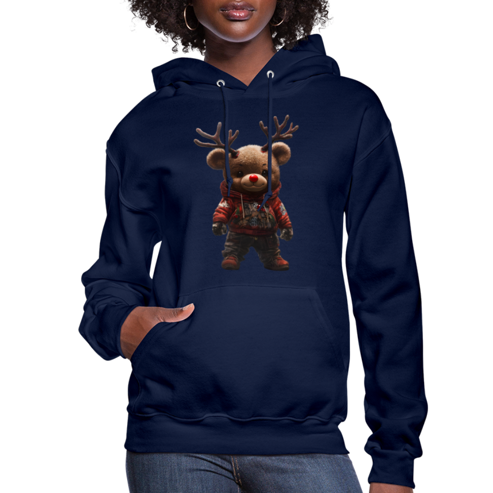 Gangster Christmas Teddy Bear With Antlers (Design E) Women's Hoodie - navy