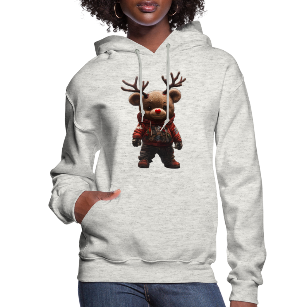 Gangster Christmas Teddy Bear With Antlers (Design E) Women's Hoodie - heather oatmeal