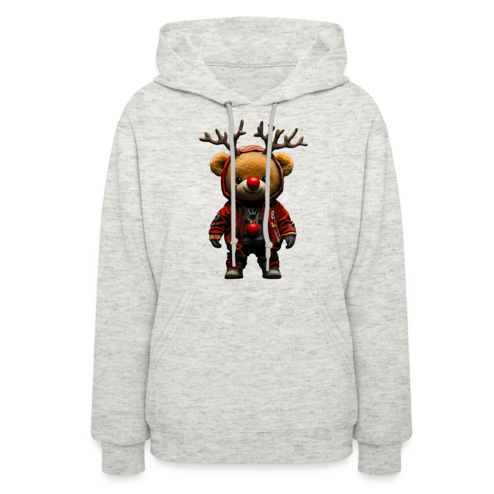 Gangster Christmas Red Nose Teddy Bear With Antlers (Design F) Women's Hoodie - heather oatmeal