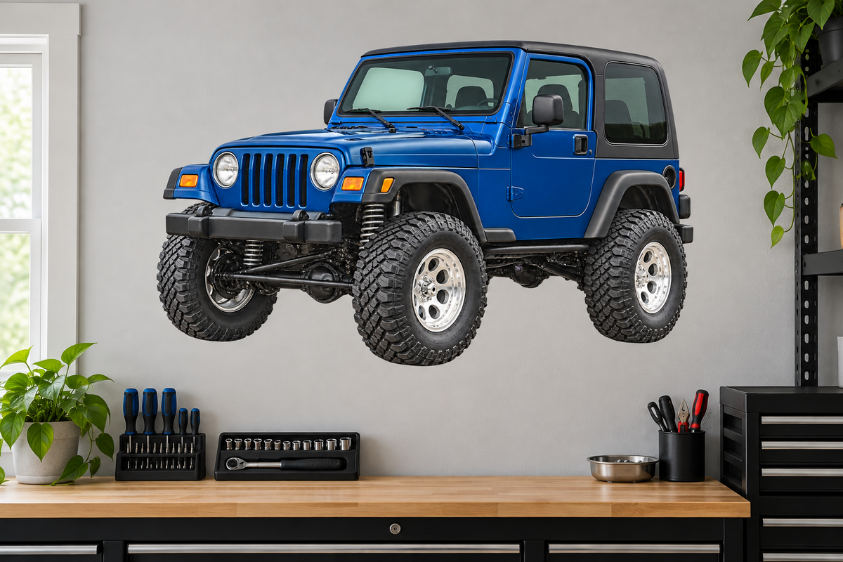 2001 Jeep Wrangler TJ Patriot Blue garage wall decal mockup
