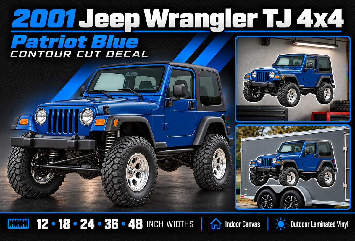 2001 Jeep Wrangler TJ Patriot Blue summary with size and material options
