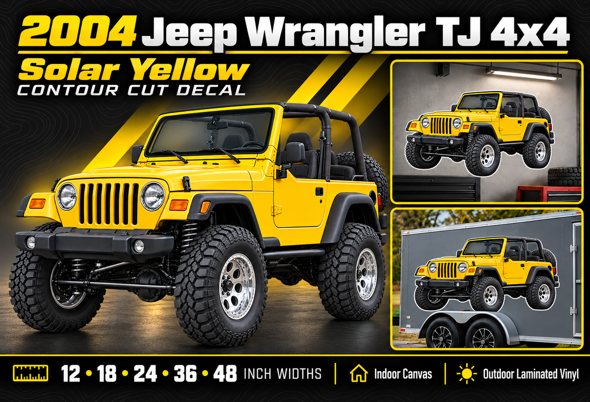 2004 Jeep Wrangler TJ Solar Yellow summary with size and material options