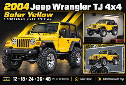 2004 Jeep Wrangler TJ Solar Yellow summary with size and material options