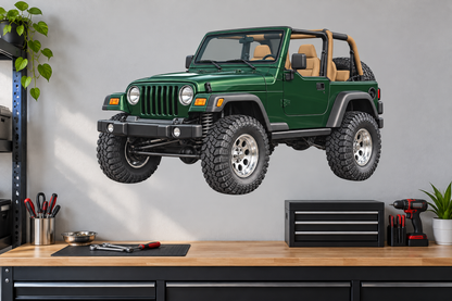 2006 Jeep Wrangler TJ Forest Green garage wall decal mockup
