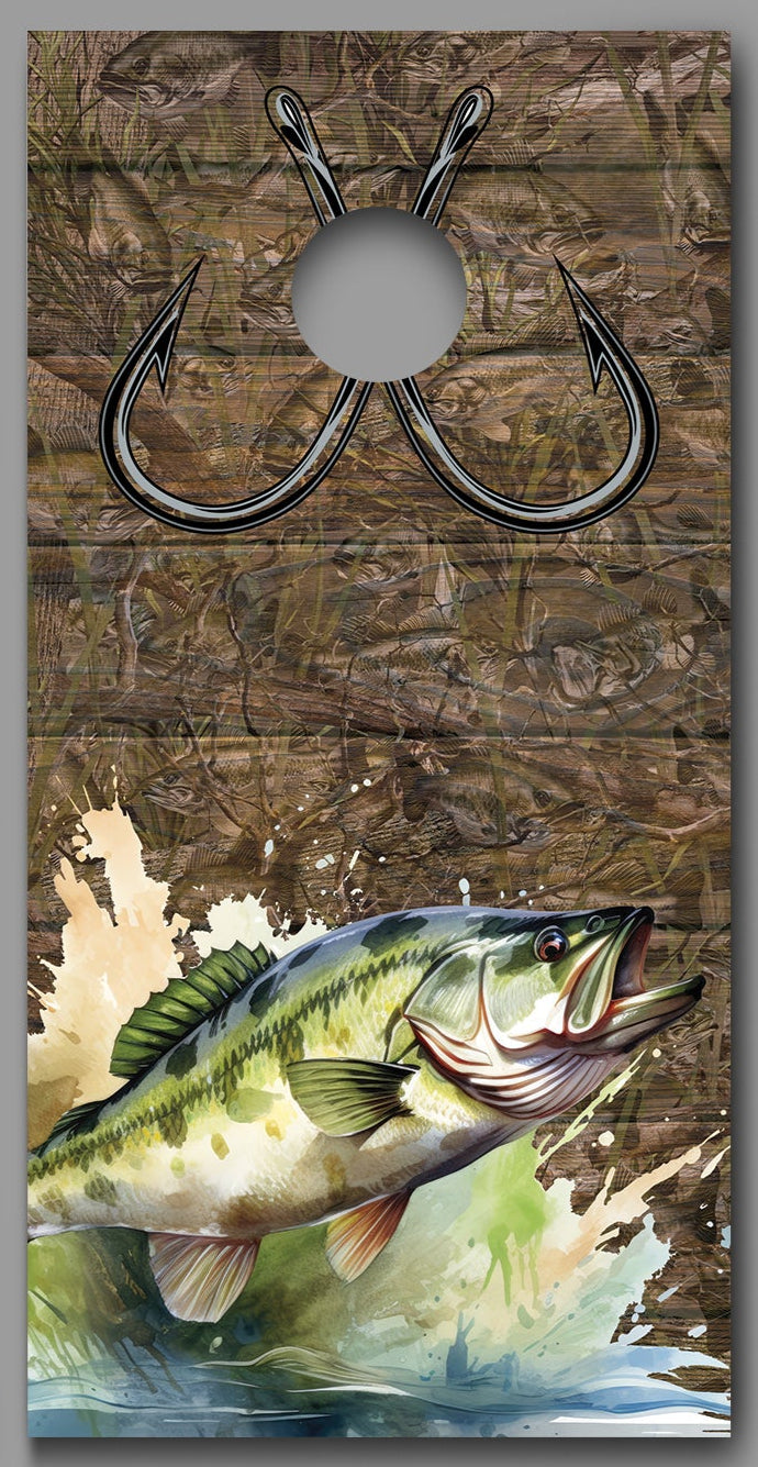 Bass Fish Jumping out of Water Fish Hooks Camo Cornhole Decal Wraps