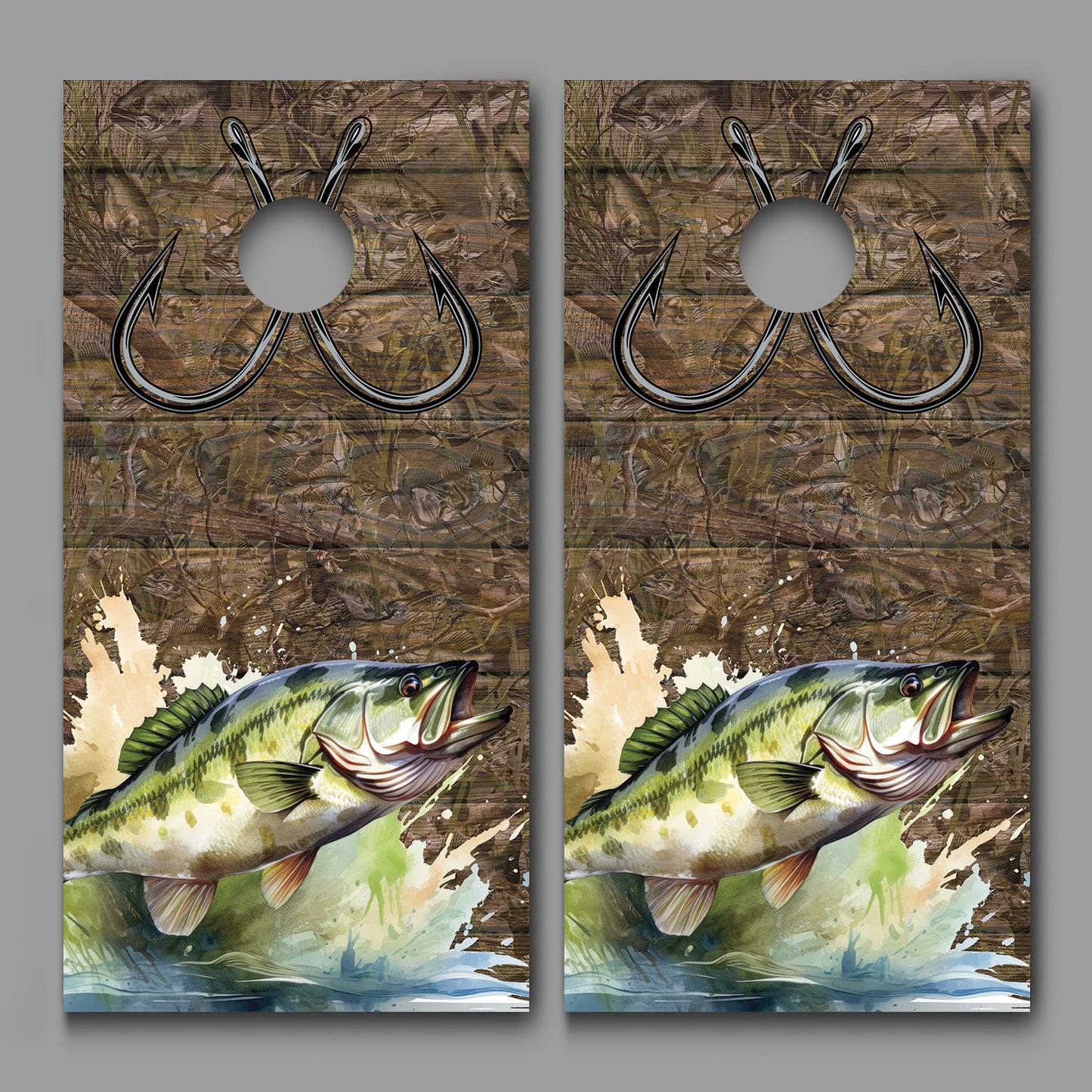 Bass Fish Jumping out of Water Fish Hooks Camo Cornhole Decal Wraps