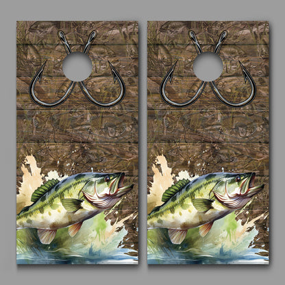 Bass Fish Jumping out of Water Fish Hooks Camo Cornhole Decal Wraps