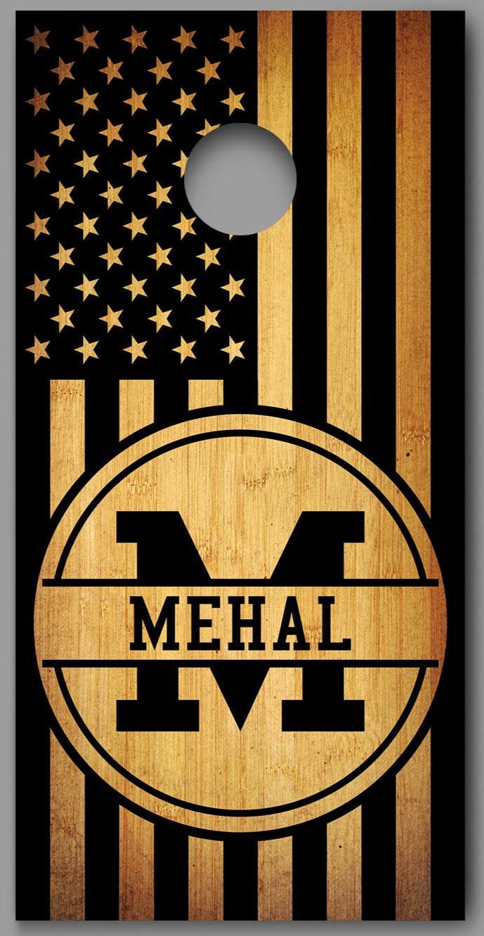 Custom Last Name Initial Wood American Flag Cornhole Board Decal Wraps