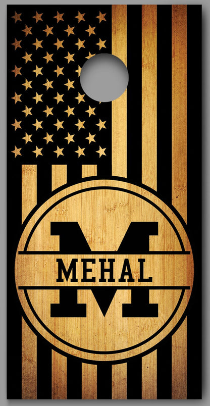 Custom Last Name Initial Wood American Flag Cornhole Board Decal Wraps