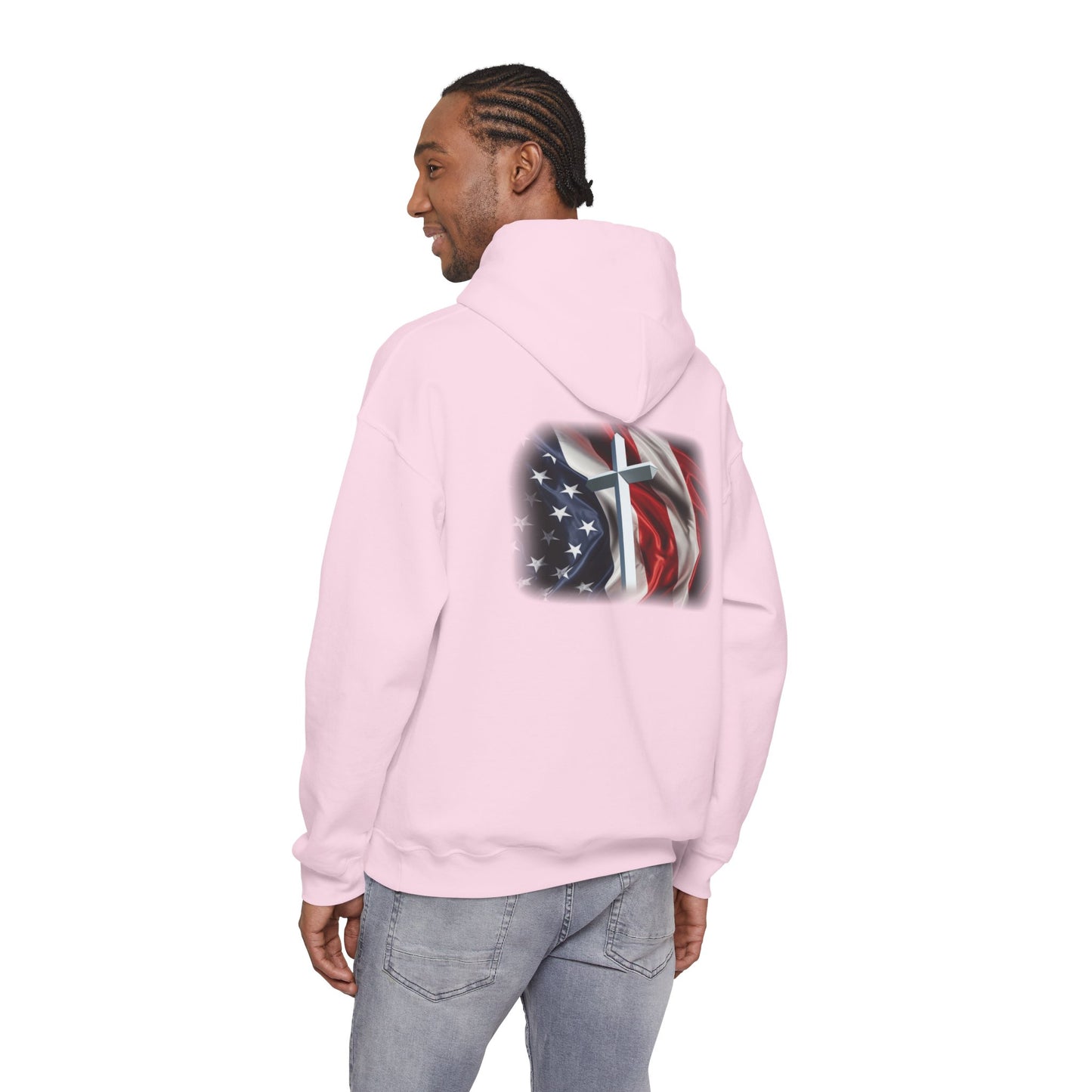 Gildan Patriotic Cross Hoodie — American Flag Christian Faith Pullover
