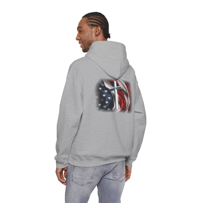 Gildan Patriotic Cross Hoodie — American Flag Christian Faith Pullover