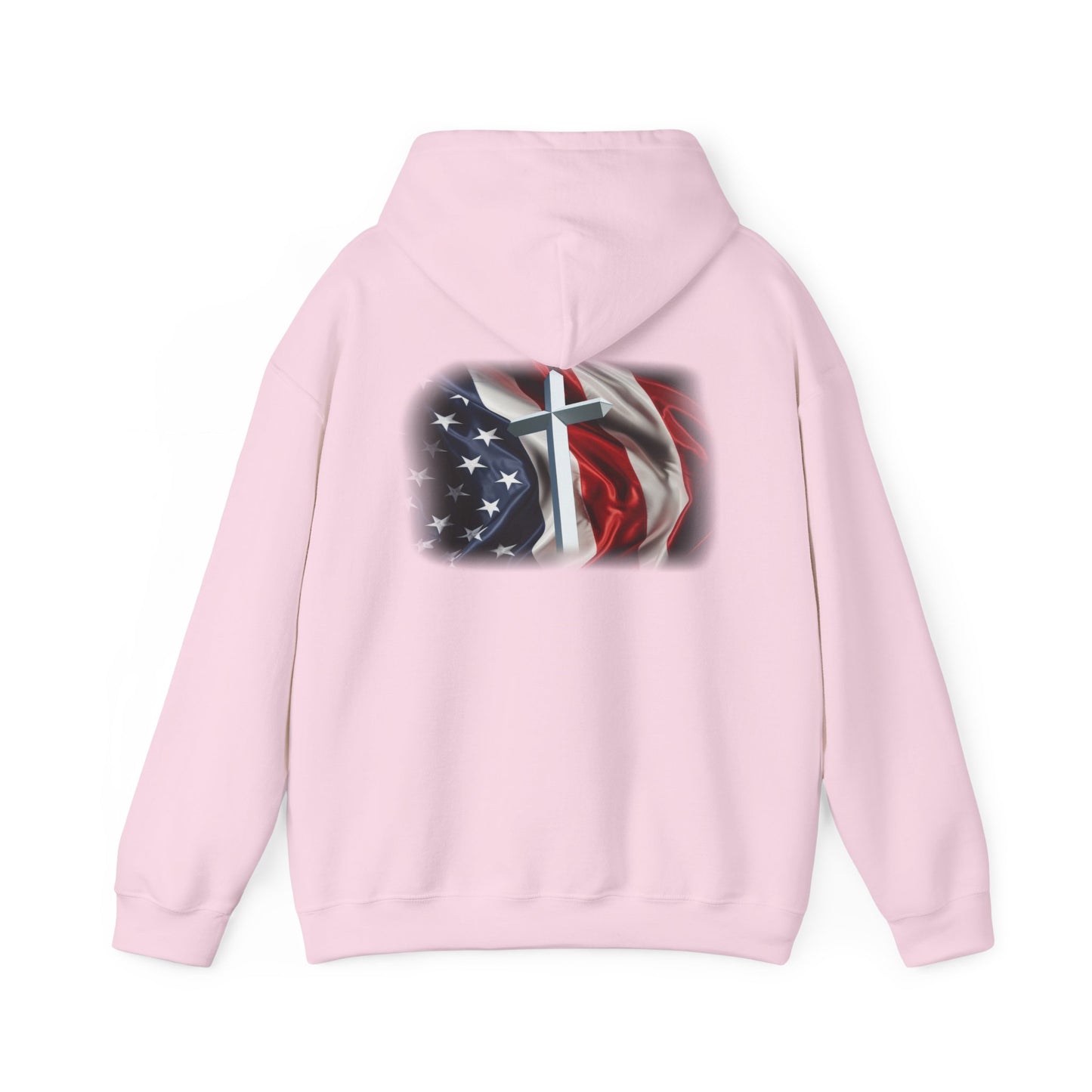Gildan Patriotic Cross Hoodie — American Flag Christian Faith Pullover