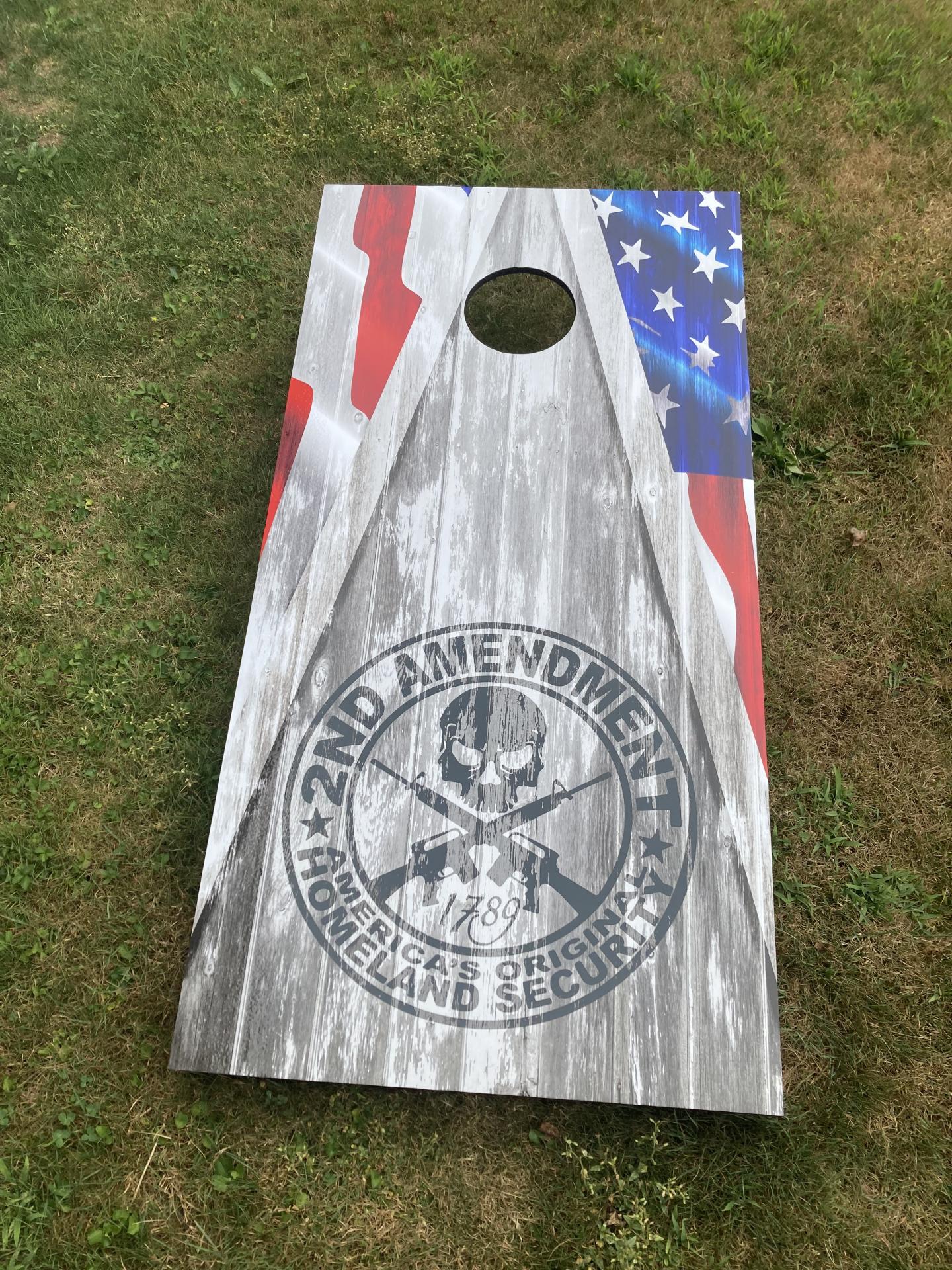 Flag 2nd Amendment Wood Design Cornhole Graphics Decal Wraps on board