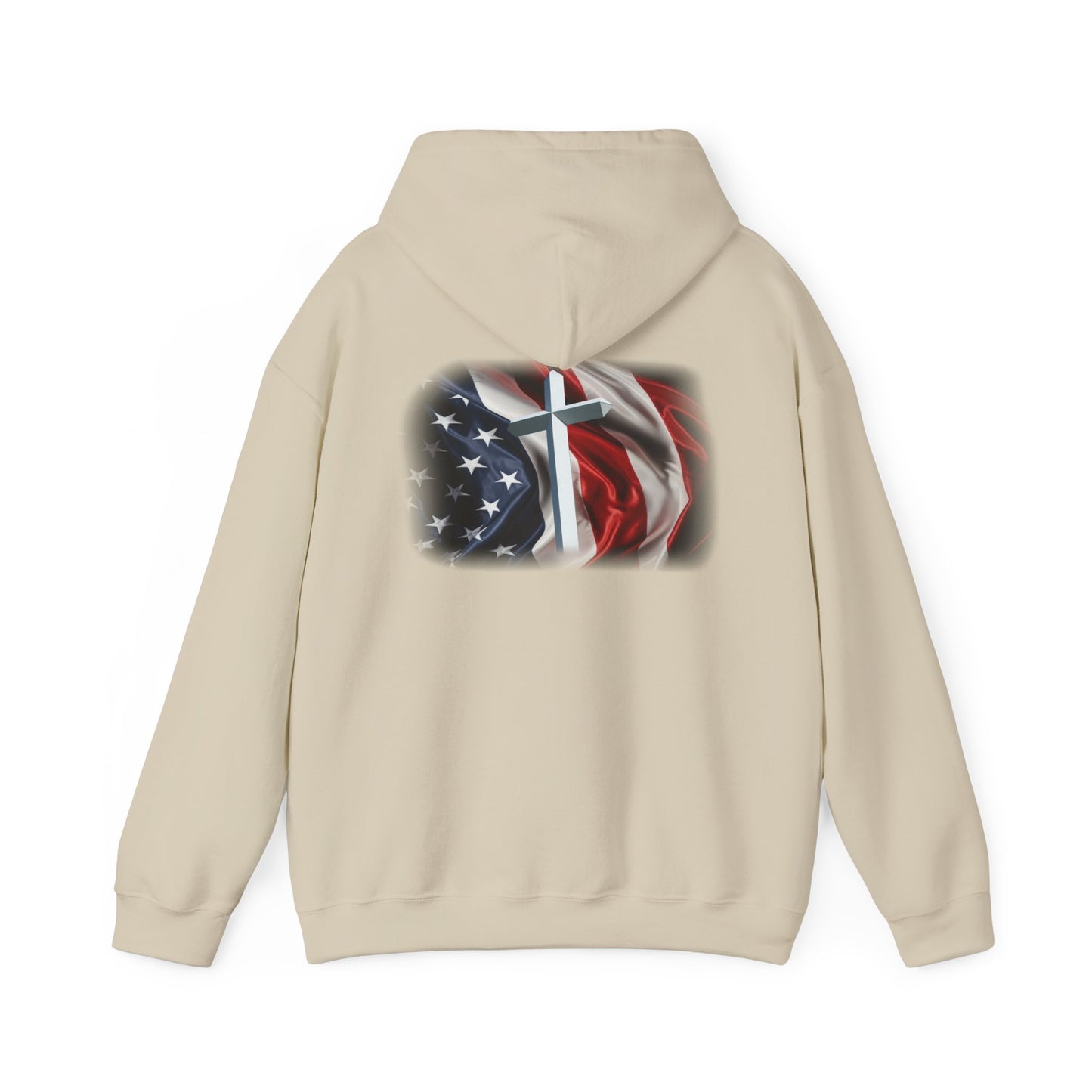 Gildan Patriotic Cross Hoodie — American Flag Christian Faith Pullover