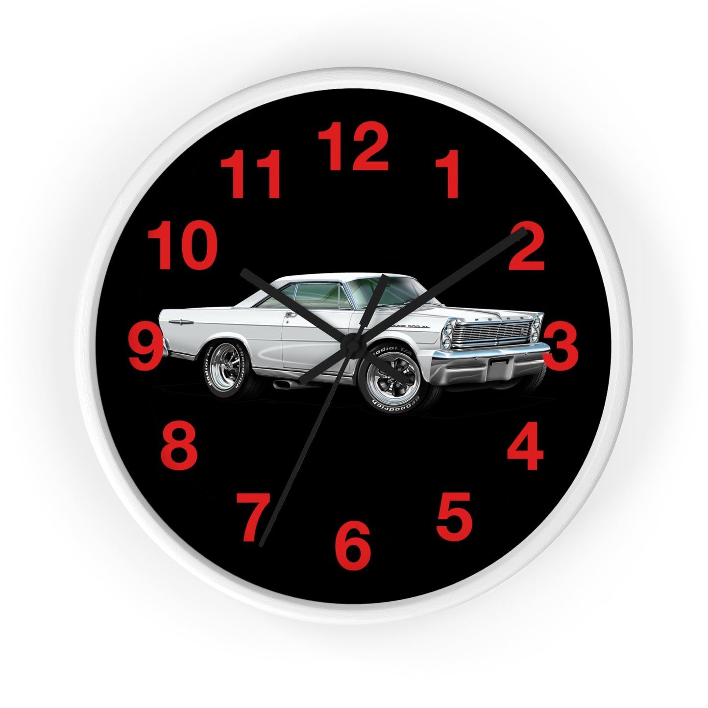 Classic Muscle Car Wall Clock — Retro White 1965 Ford Galaxie Timepiece with Red Numerals