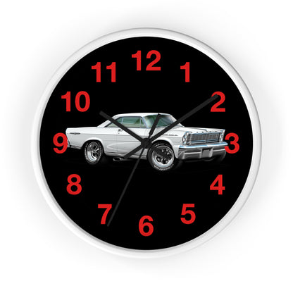 Classic Muscle Car Wall Clock — Retro White 1965 Ford Galaxie Timepiece with Red Numerals