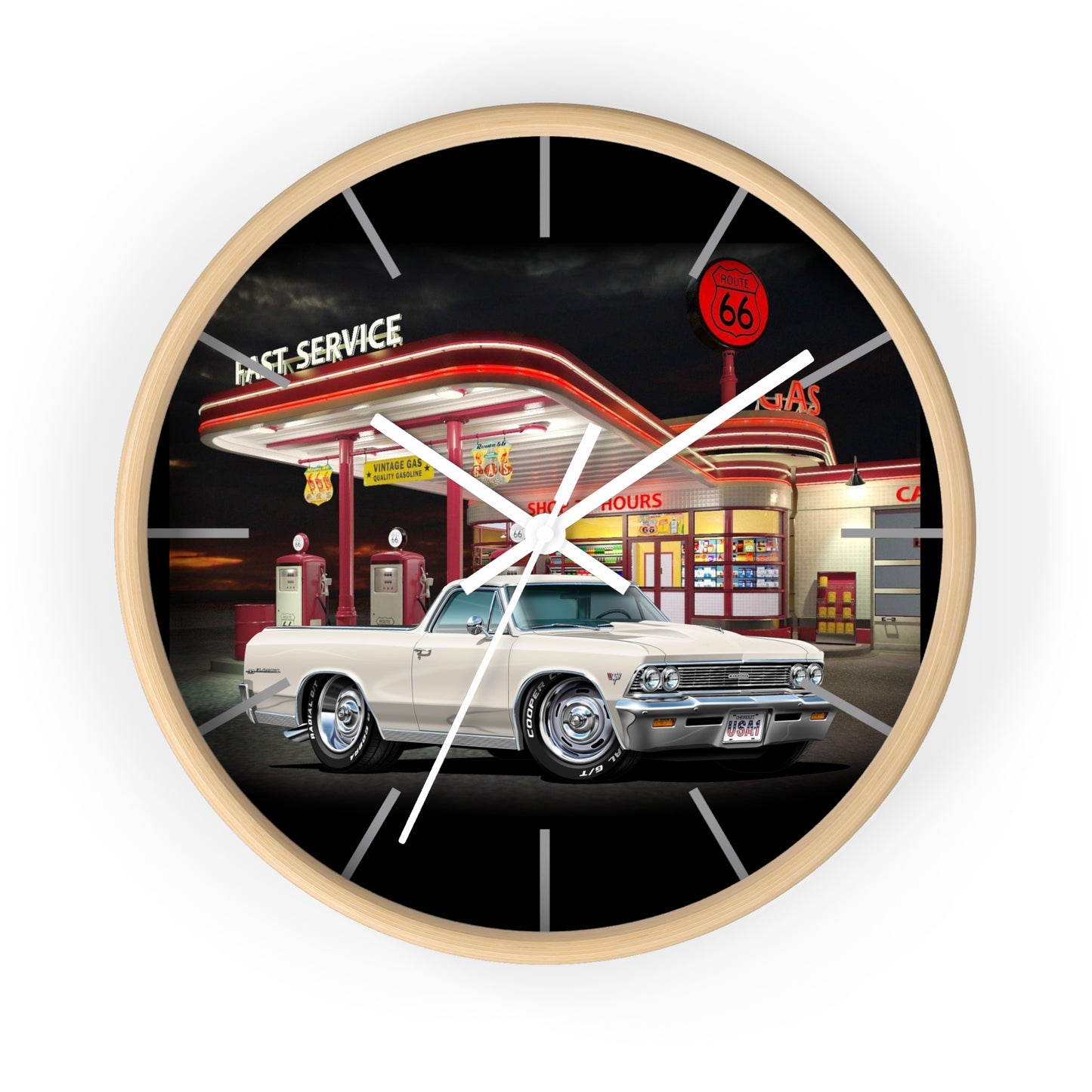 1966 El Camino Classic Car Wall Clock — Retro Route 66 Gas Station Design