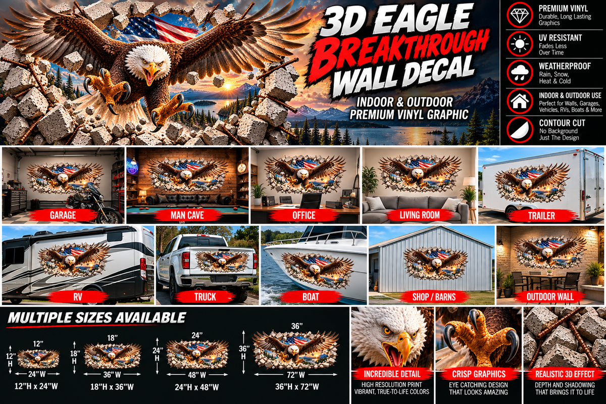 3D Bald Eagle Breakthrough Wall Decal – Patriotic Indoor & Outdoor Vinyl Graphic