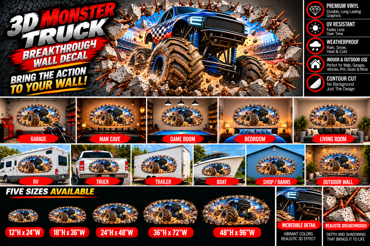 3D Monster Truck Breakthrough Wall Decal – Indoor & Outdoor Premium Vinyl Graphic