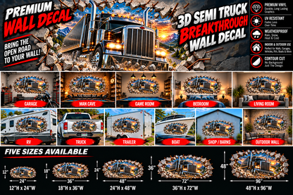 3D Semi Truck Breakthrough Wall Decal – Indoor & Outdoor Premium Vinyl Graphic