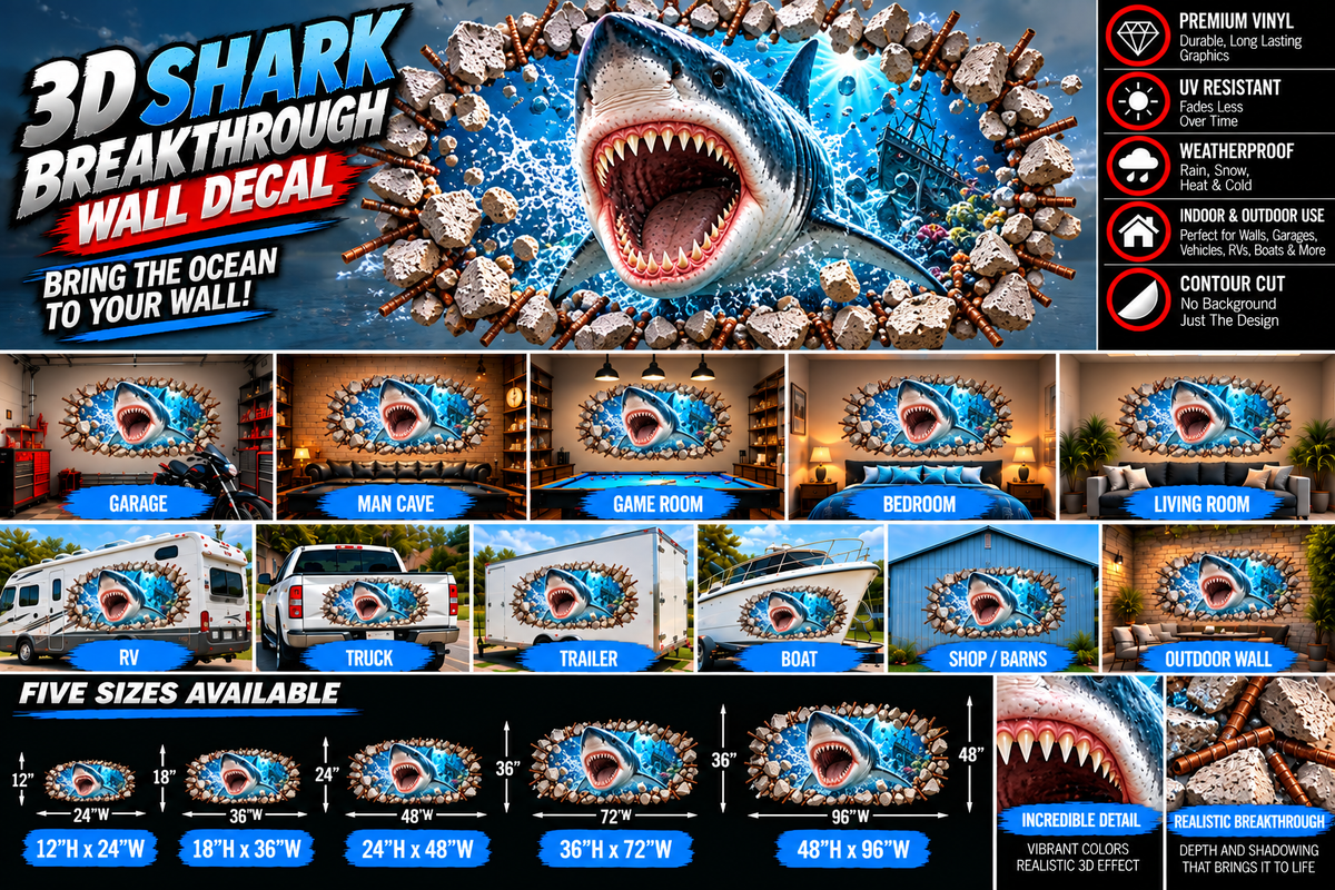 3D Great White Shark Breakthrough Wall Decal – Indoor & Outdoor Premium Vinyl Graphic