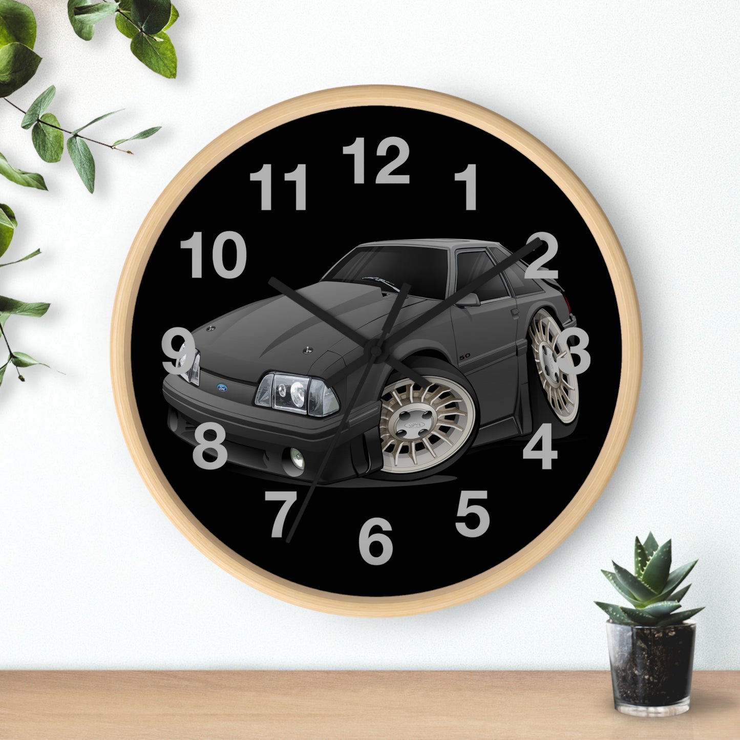 Mustang Fox Body Classic Muscle Car Wall Clock — Black Vintage Sports Car Clock for Garage & Man Cave