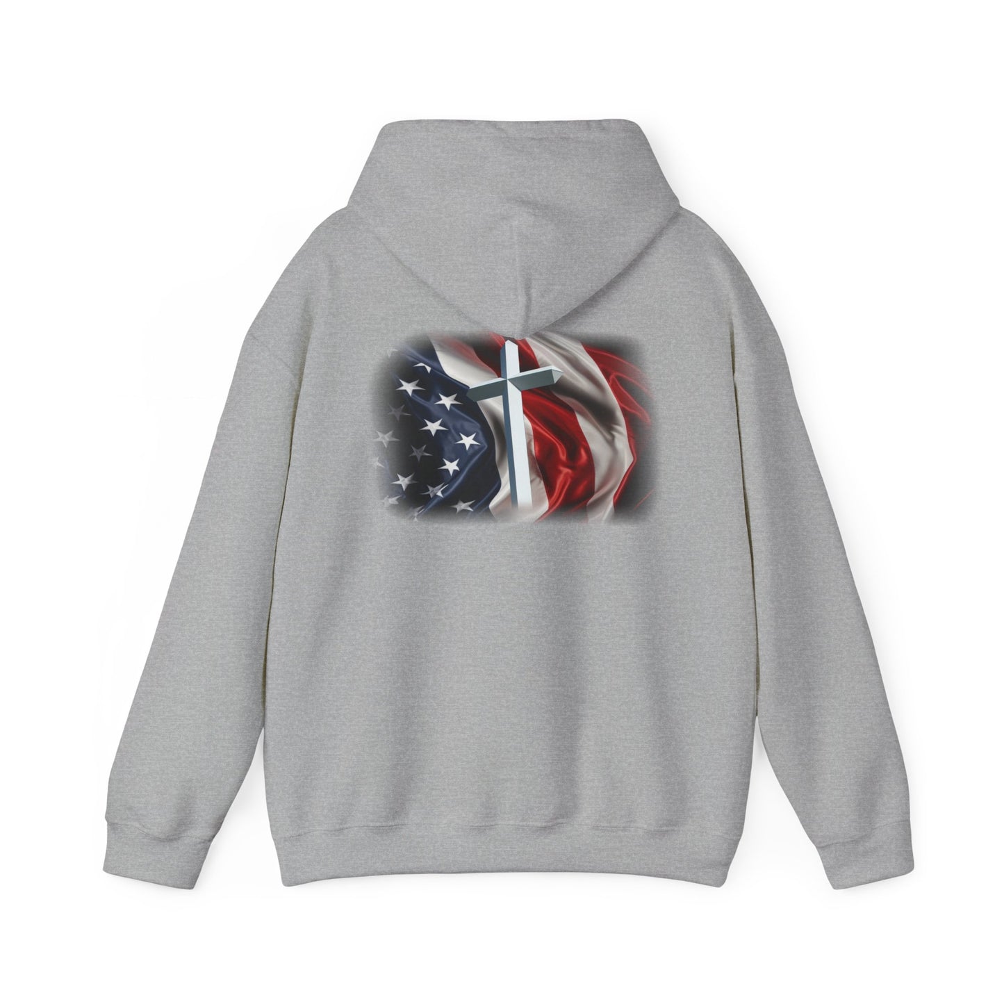 Gildan Patriotic Cross Hoodie — American Flag Christian Faith Pullover