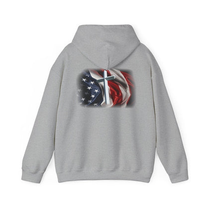 Gildan Patriotic Cross Hoodie — American Flag Christian Faith Pullover