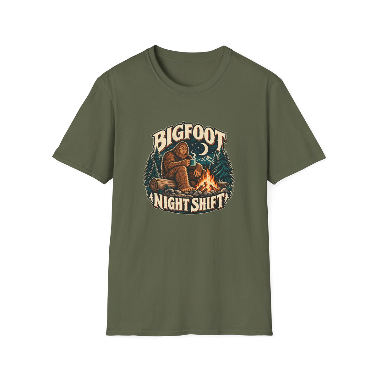 Bigfoot Night Shift T-Shirt | Vintage Sasquatch Campfire Tee