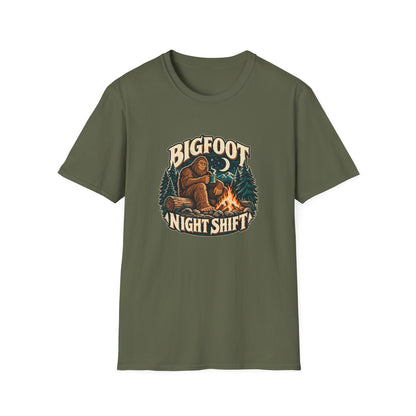 Bigfoot Night Shift T-Shirt | Vintage Sasquatch Campfire Tee