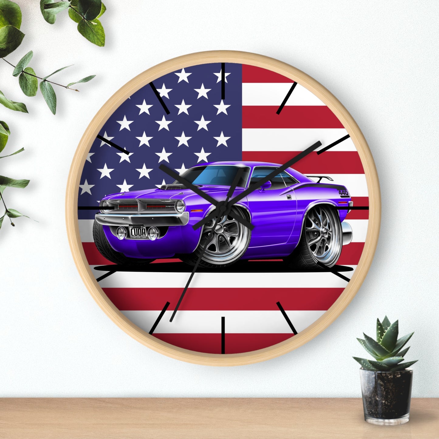 American Muscle Car Wall Clock — Purple Challenger with USA Flag