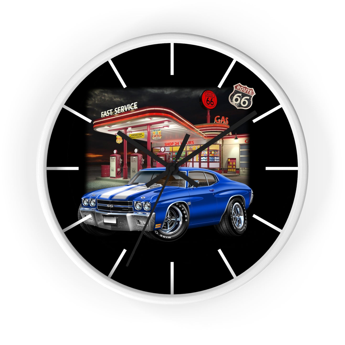 Classic Muscle Car Wall Clock — Blue 1970 Chevelle at Route 66 Gas Station