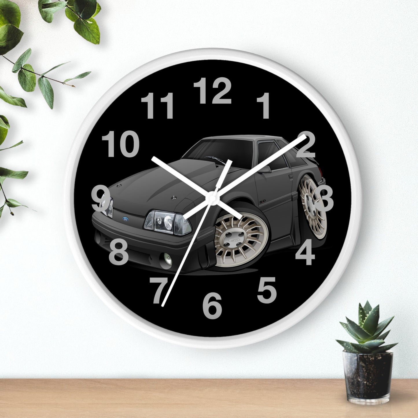 Mustang Fox Body Classic Muscle Car Wall Clock — Black Vintage Sports Car Clock for Garage & Man Cave