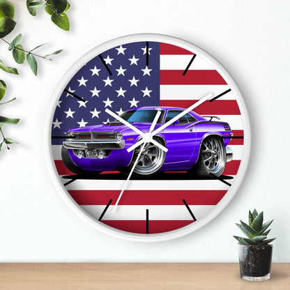 American Muscle Car Wall Clock — Purple Challenger with USA Flag