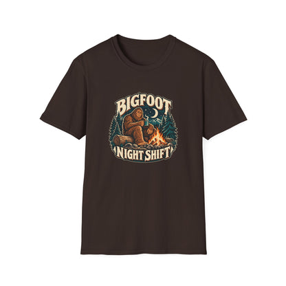 Bigfoot Night Shift T-Shirt | Vintage Sasquatch Campfire Tee