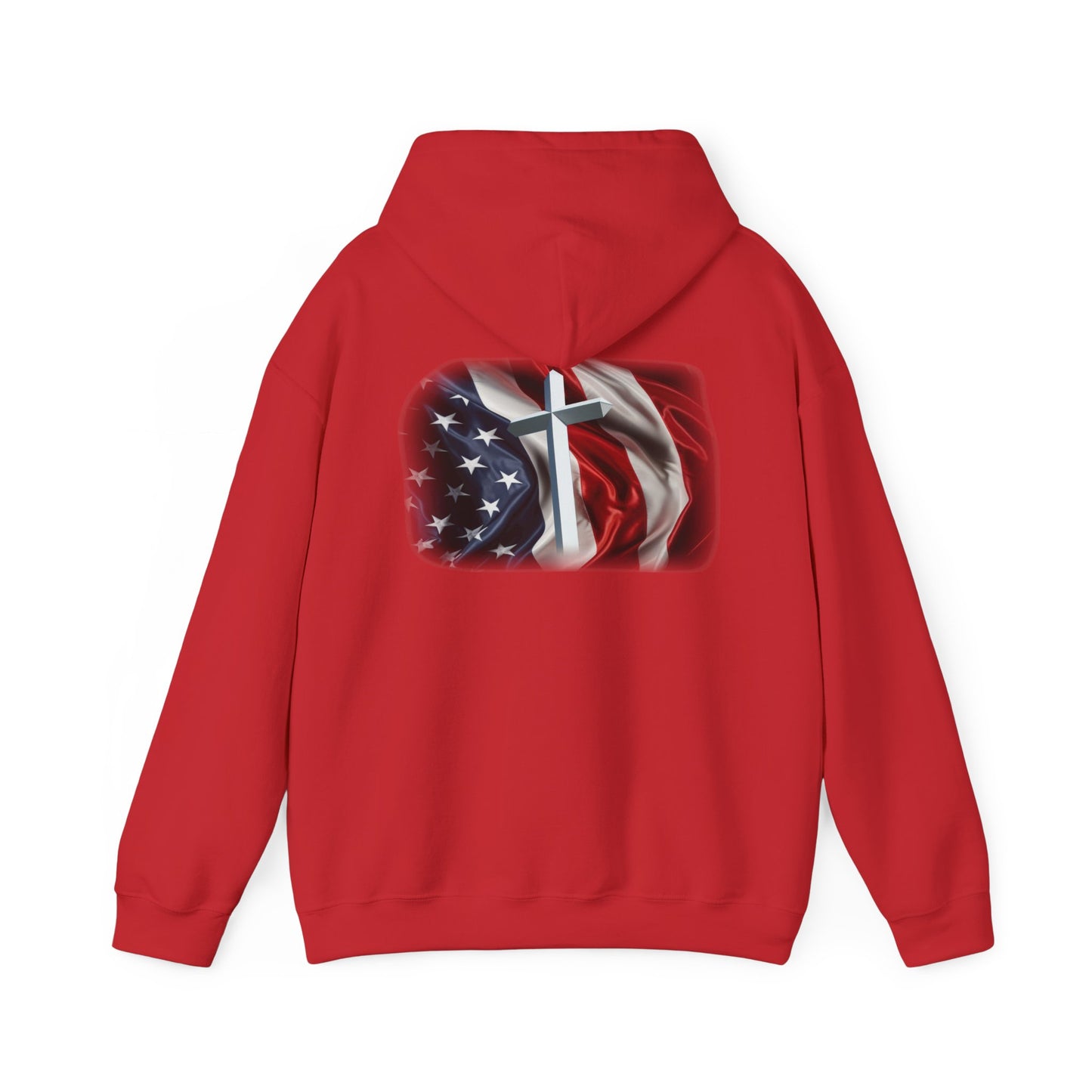 Gildan Patriotic Cross Hoodie — American Flag Christian Faith Pullover