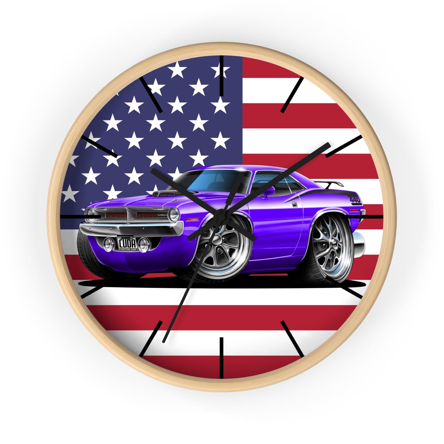 American Muscle Car Wall Clock — Purple Challenger with USA Flag