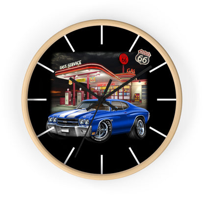 Classic Muscle Car Wall Clock — Blue 1970 Chevelle at Route 66 Gas Station