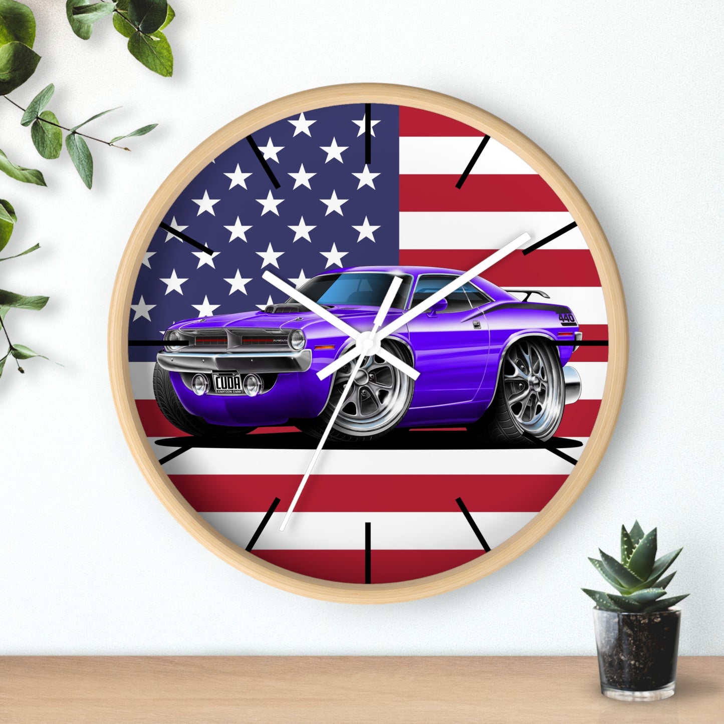 American Muscle Car Wall Clock — Purple Challenger with USA Flag